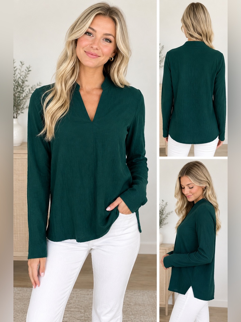 Talbots Emerald Green Split V-Neck Long-Sleeve Blouse Sz MP